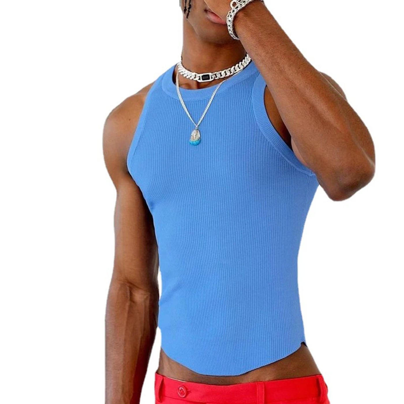 Description Picture 6 of itemBlue Polyester Men\\\'s Sleeveless Tank Top Solid Color O Neck Summer Casual Vest for Streetwear and Fitness in Blue