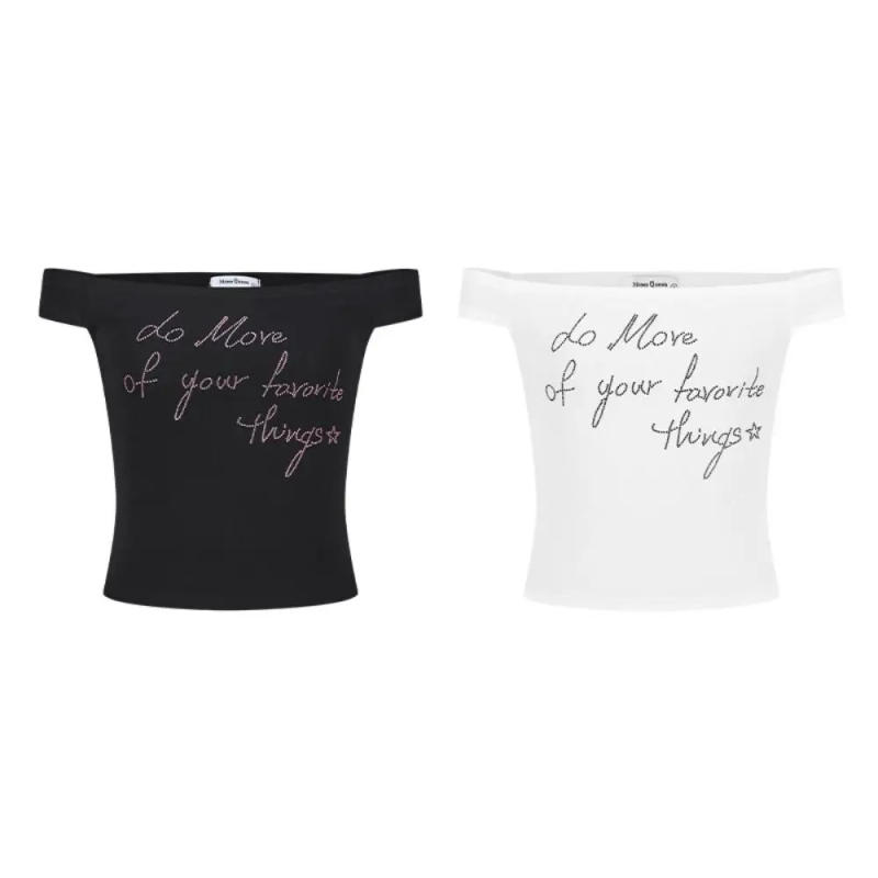 Description Picture 3 of itemAll-match Ins Off Shoulder Crop Top Slim Fit Sweet Rhinestone T-shirt Female Clothing Bottoming Shirt Women Summer