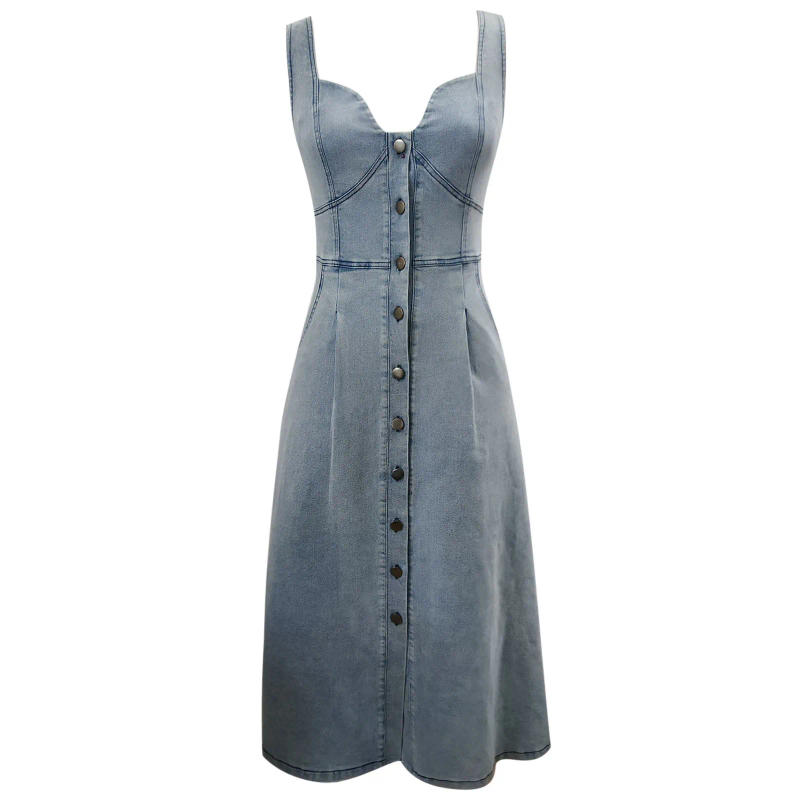 Description Picture 6 of item2024 Jeans Dress Women'S Vintage Denim Dresses Sexy Sleeveless Button Designswing Big Hem Vestidos Women Plus Size Clothes