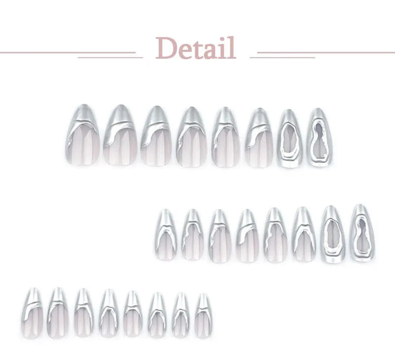 Description Picture 4 of item3D Water Ripple Silver French Nail Art Fashion Almond Shape False Nails Detachable Finished Fake Nails Press on Nails with Glue