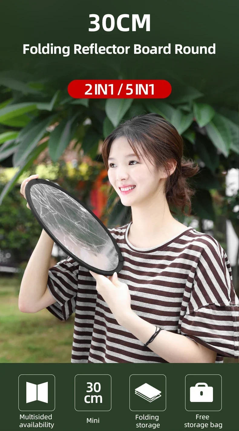 Description Picture 2 of itemSOONPHO 30CM 60CM Reflector Photography Accessory Portable 2 in1 5 in1 Gold Silver Black Holder Photo Reflector For Photo Studio