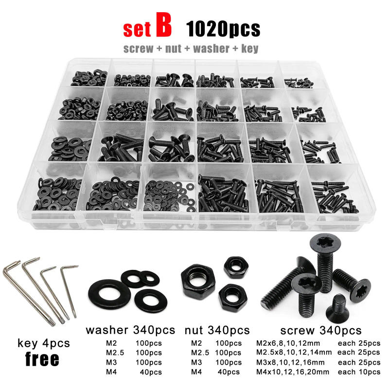 Description Picture 5 of item285/1020pcs Mix M2 M2.5 M3 M4 M5 Black 304 Stainless Steel Six Lobe Torx Flat Countersunk Head Screw Bolt Assortment Set Box Kit