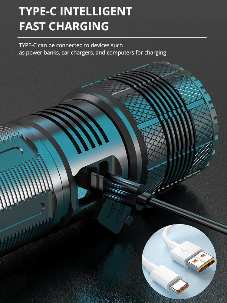 Description Picture 6 of itemPortable High Power 80W LED Flashlights 7800mah Built-in Battery Type-C Charging Tactical Torch Camping Emergency Spotlights