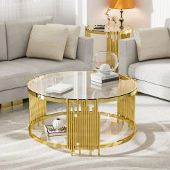 Coffee Table Round Modern Living Room Table, Gold Stainless Steel Metal Leg Clear Tempered Glass, Sofa Center Table, Gold