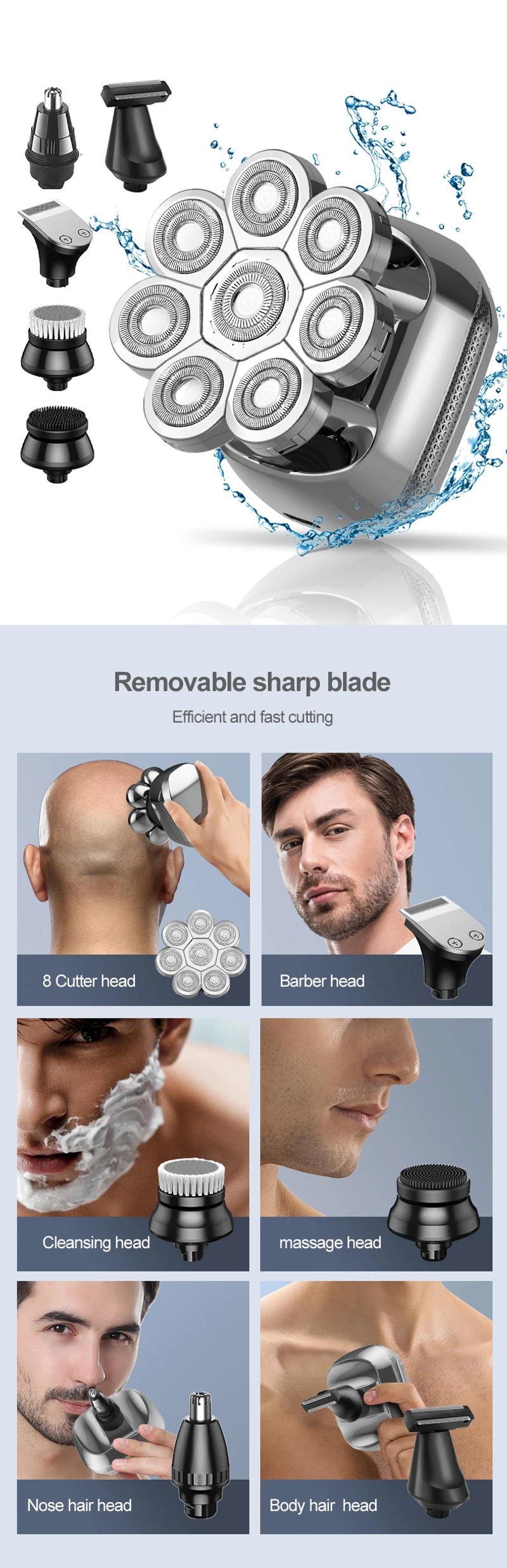 Description Picture 2 of item8D Head Shavers for Bald Men, Electric Shaver for Men,6 in 1 Mens Grooming Kit with Nose Hair Trimmer, Waterproof Beard Trimmer