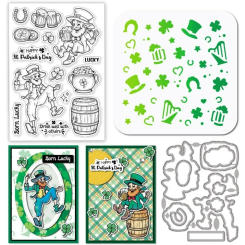 St. Patrick's Day Elf Clear Stamps Metal Four Leaves Clover Cutting Die Cuts Shamrock Coin PET Paint Craft Stencils for Card