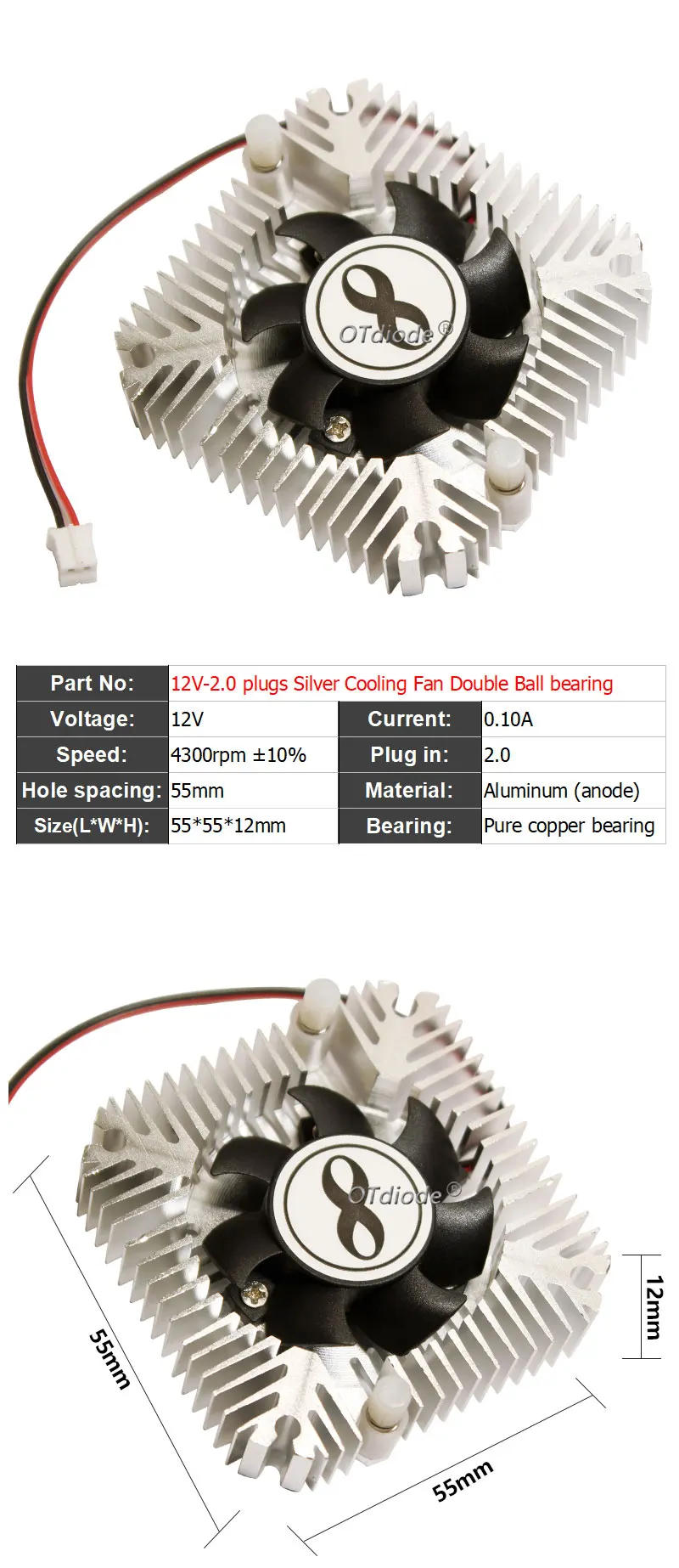 Description Picture 2 of itemAluminum LED Heatsink Cooling With Fan 2 Ball Bearing 12V Radiator Cooler For 3W 5W 10W Electronic Chip IC LED computer Thermal