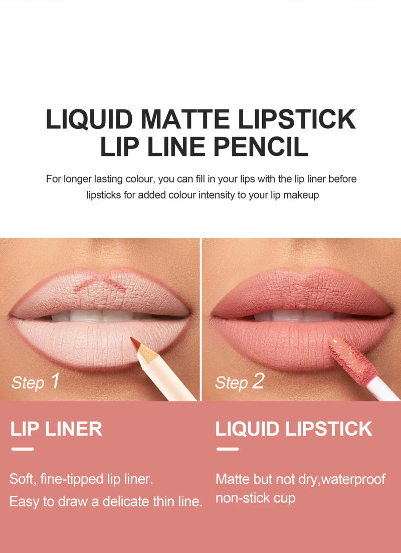 Description Picture 3 of itemWomen's 2-in-1 Lipstick Set with Lip Liner Waterproof Long-lasting Korean Makeup Matte Finish Cosmetics Kit Free Shipping