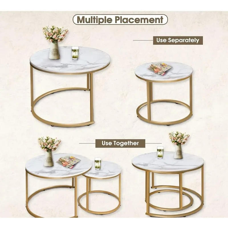 Description Picture 5 of itemCoffee Table Nesting White Set of 2 Side Set Golden Frame Circular and Marble Pattern Wooden Tables, Living Room Bedroom