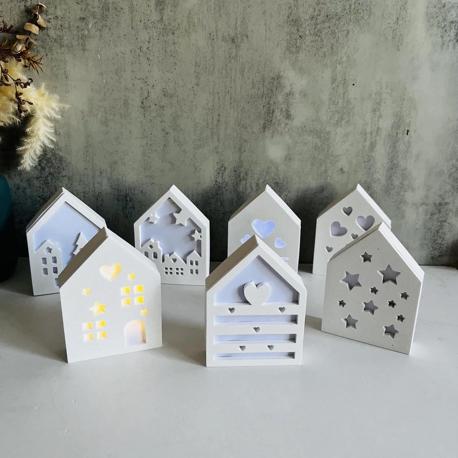 Description Picture 2 of itemNew Hollow Splicing House Silicone Mold Gypsum DIY Star Love House Decoration Mold Tea Light Candle Holder Cement Plaster Mould