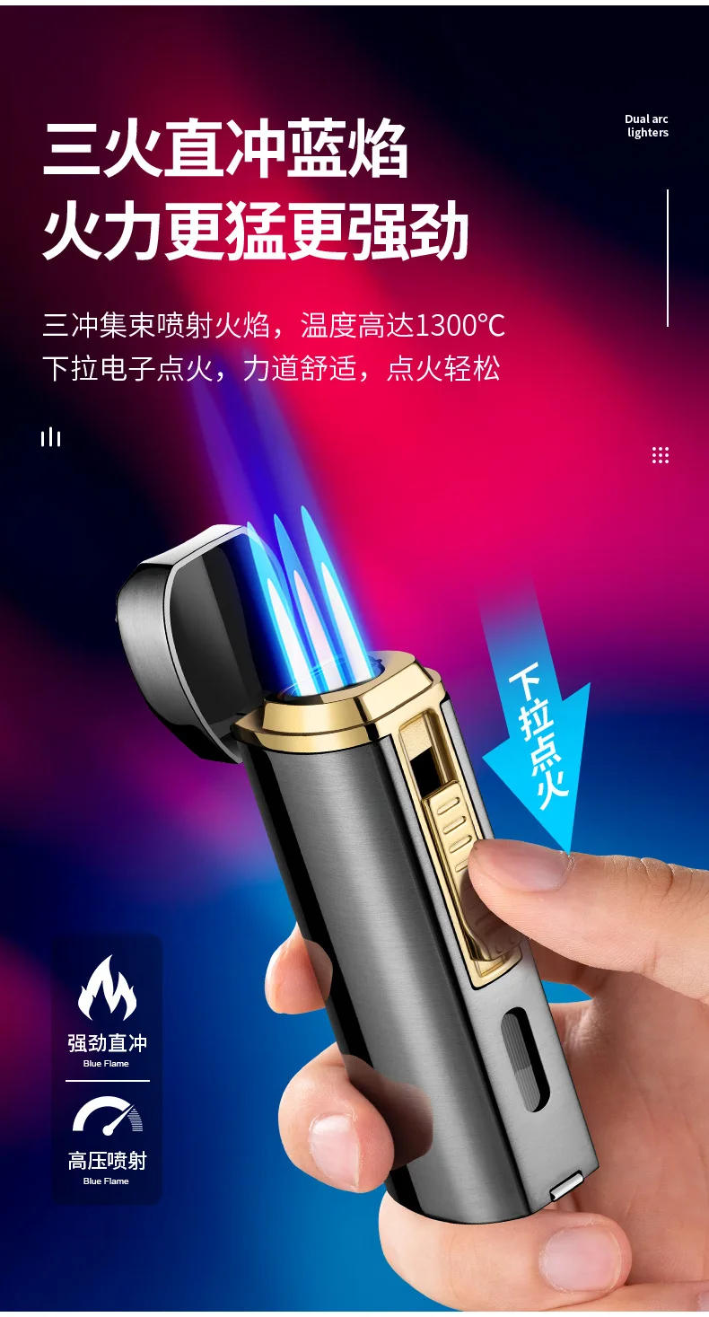 Description Picture 6 of itemNew Luxury Cigar Lighter Torch Metal Straight Jet Butane Lighter Smoking Accessories Cool Cigar Punch Men's Gifts