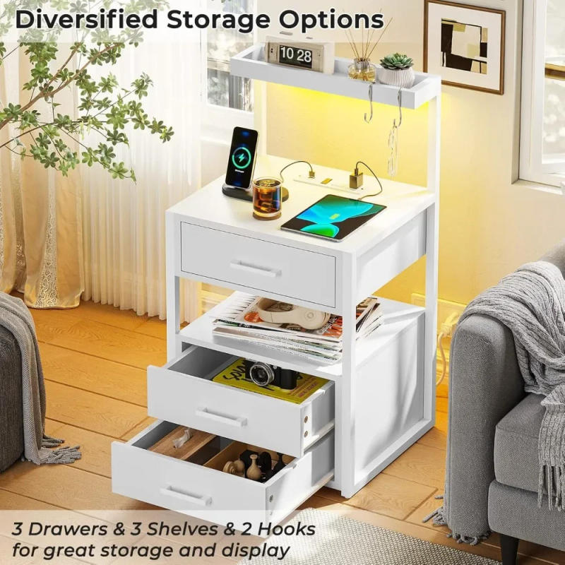 Description Picture 4 of itemNightstand with Charging Station and LED Lights, LED Night Stand with 2 USB Ports and 2 AC Outlets, Modern End Table with 3 Draw