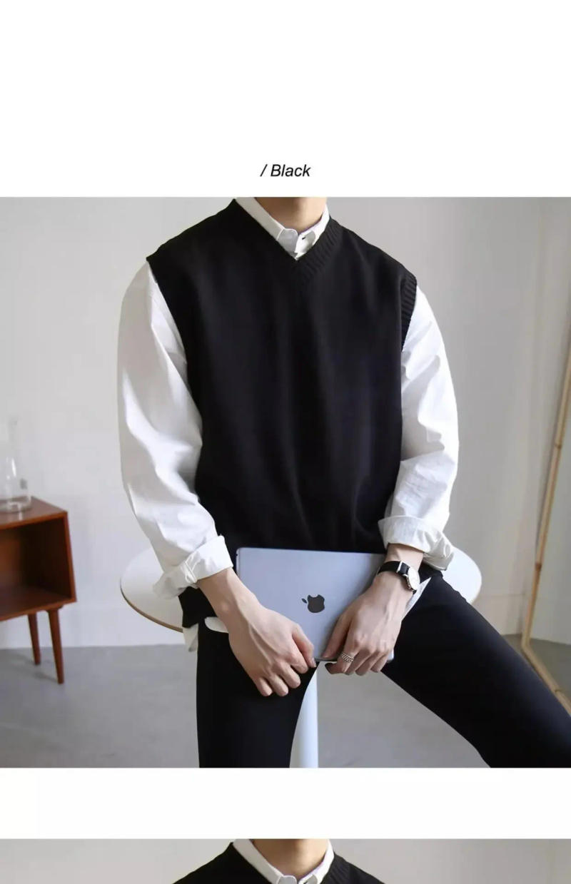 Description Picture 4 of itemAutumntrendy Brand Men's Sweater Vest V-neck Sleeveless Knit Shirt Casual Collection Shoulder Vest Fashion 2024 New Arrival