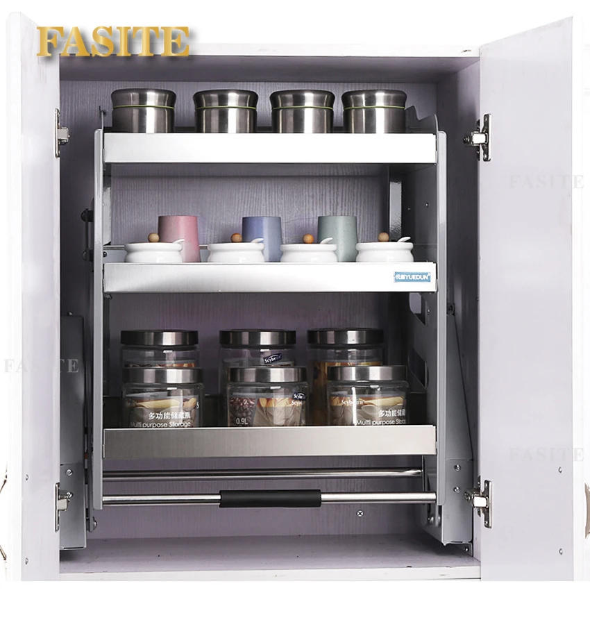 Description Picture 2 of item3 layers Wall Cabinet Lift Pull Basket Kitchen Cabinet Stainless Steel Drawer Baskets Seasoning Bottle Storage Racks