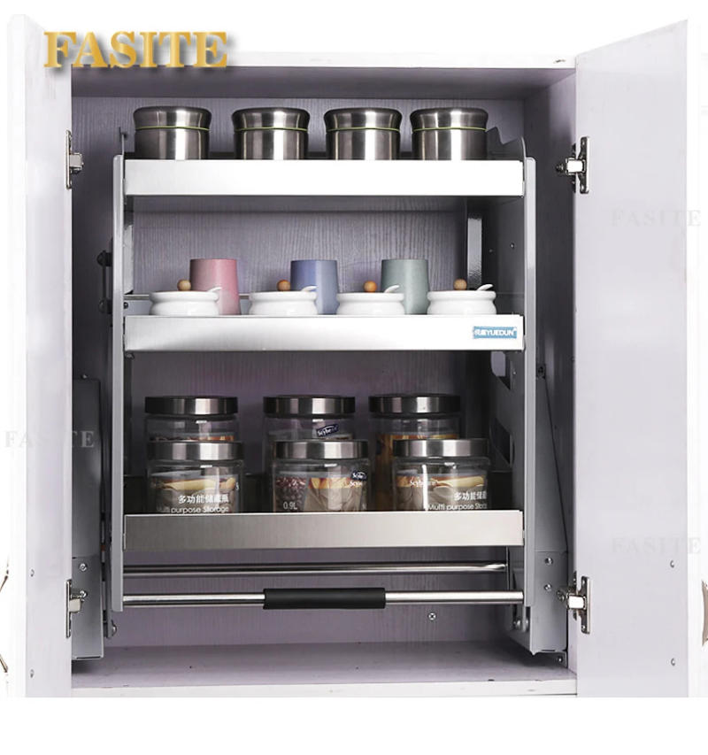 Description Picture 2 of item3 layers Wall Cabinet Lift Pull Basket Kitchen Cabinet Stainless Steel Drawer Baskets Seasoning Bottle Storage Racks