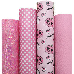 Pink Chunky Glitter Leather Sheets Pumpkins Dots Printed Synthetic Leather Fabric Litchi Faux Leather For Bow DIY 21x29CM Q1448