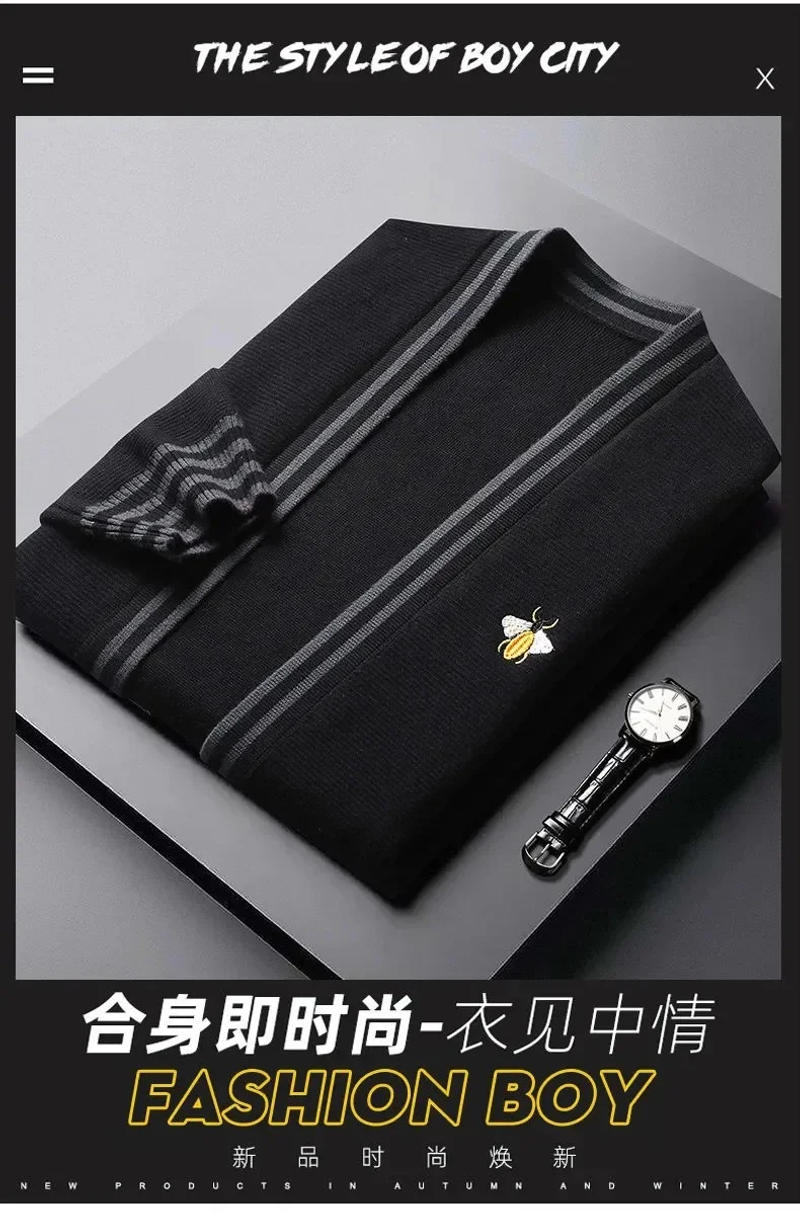 Description Picture 2 of itemHigh quality bee embroidery knitted cardigan men's spring and autumn new trend leisure sweater coat fashion