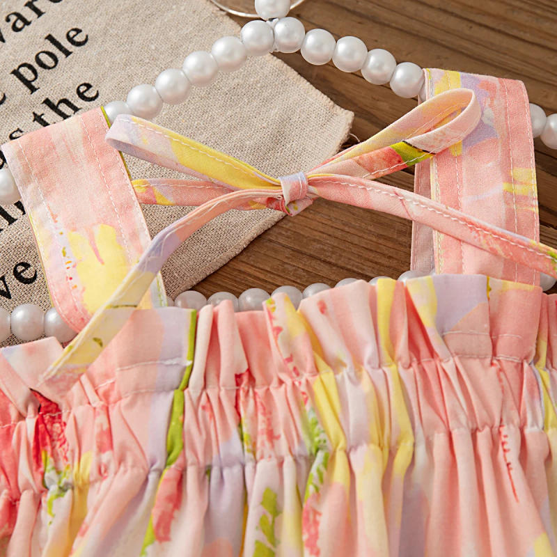 Description Picture 5 of item2pc/Set Baby Sets Summer Bow Sling Tie-Dye Style Beach Children's Costume Cute Casual Vacation Children Clothes