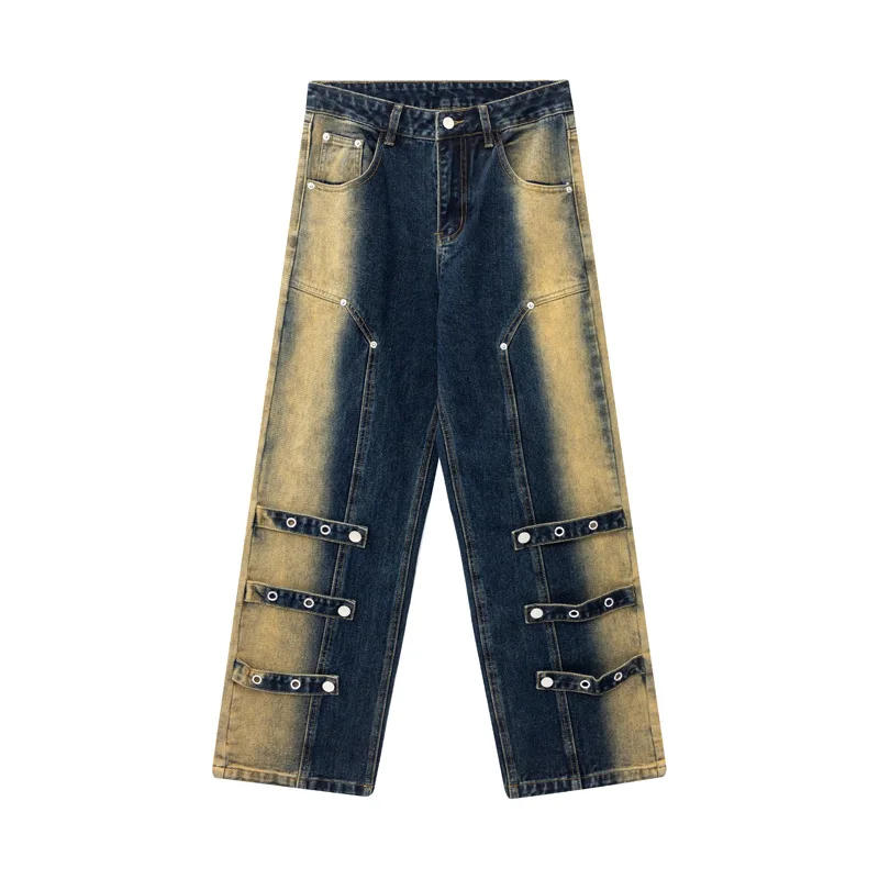 Description Picture 5 of itemHeavy yellow mud color splicing jeans trend new American retro hip-hop distressed men and women loose fashion personality pants