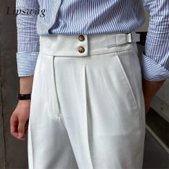 Classy Mens Suit Pants Fall Fashion Buttoned Belted High-waisted Straight Trousers For Men Casual Slim Pants Old Money Aesthetic