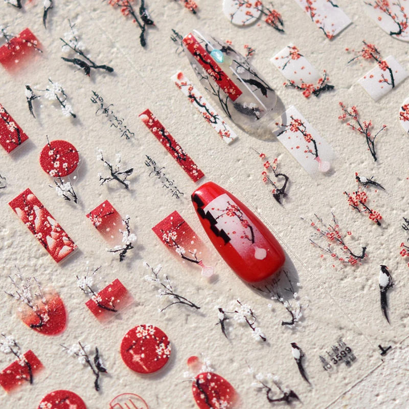 Description Picture 2 of itemRed Plum Blossom Flower Chinese 3D Self Adhesive Nail Art Decoration Stickers Cheongsam Iris Lily Lotus Vase 5D Manicure Decals