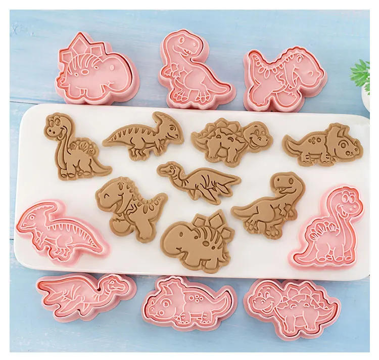 Description Picture 3 of item8 Pcs/set Cookie Cutters Plastic 3D Dinosaur Shape Cartoon Pressable Biscuit Mold Cookie Stamp Kitchen Baking Pastry Bakeware