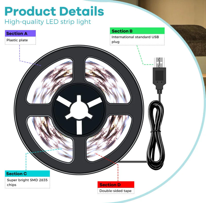 Description Picture 3 of itemLED Closet Light Strip USB Kitchen Wardrobe Under Cabinet Lamp Bar 5V Stairs Bedside Pantry Night Lighting Tape Paste Cuttable