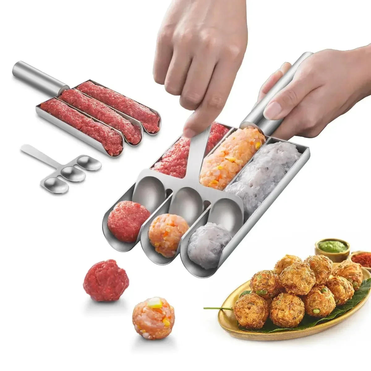 Description Picture 5 of item1PC 1/2/3/4Slot 304 Stainless Steel Meatball Maker Home To Do Fish Ball Shrimp Sliding Mold Rice Ball Meat Dish Scoop