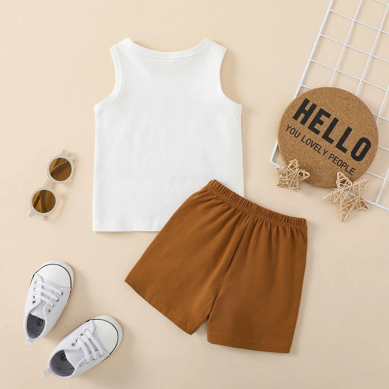 Description Picture 2 of itemToddler Boys Summer Outfit Sets Sleeveless O Neck Letter Cattle Head Print Vest Brown Casual Shorts