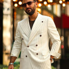 Ivory Pinstripe Men Suits Peaked Lapel Double Breasted Business Suit for Man Blazer Jacket Holiday Tuxedos 2 Piece Bespoke