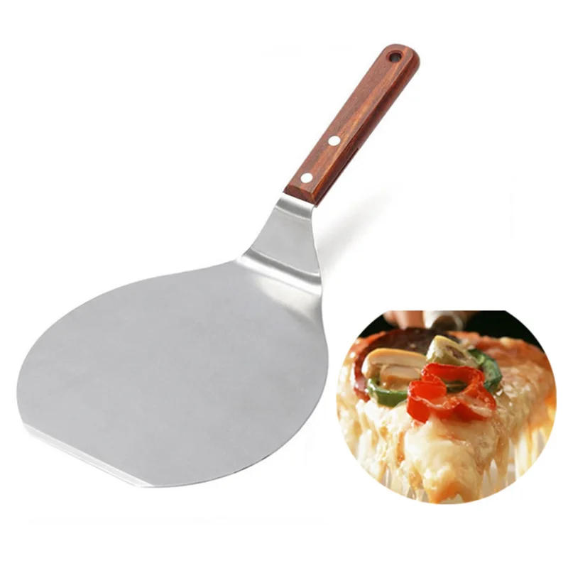 Description Picture 3 of itemStainless Steel Pizza Shovels with Wood Handle Round Pizza Spatula Cake Shovel Bread Cutter Kitchen Baking Turner Accessories