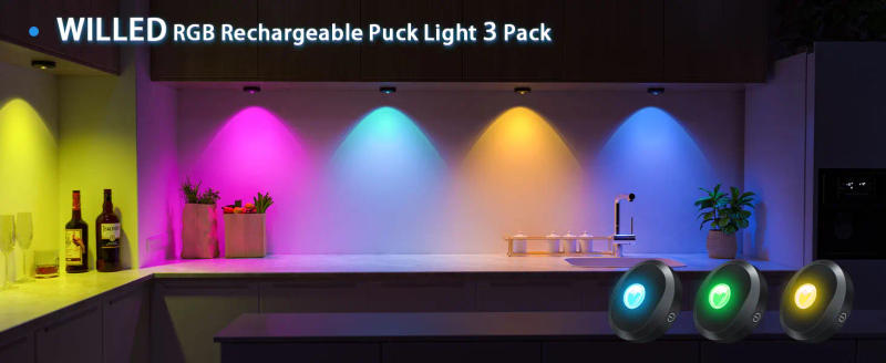 Description Picture 2 of itemWILLED Rechargeable RGB Puck Light with Remote Control 1200mAh Battery Lights, Dimmable Touch Under Cabinet Lighting Night Light