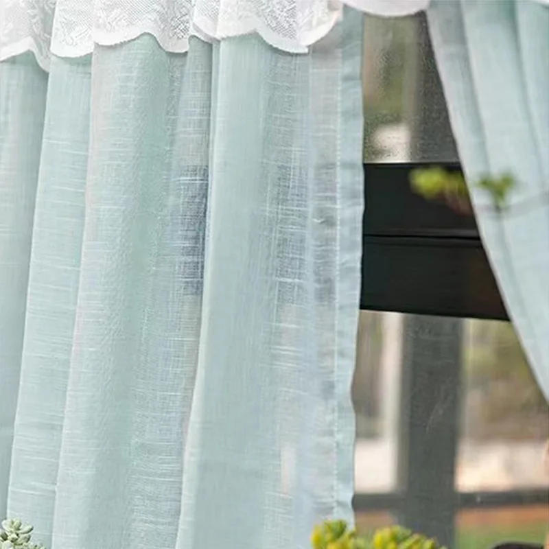 Description Picture 3 of itemKorean Style Fresh Blue Sheer Lace Short Curtains Valance Tier For Kitchen Cafe Farmhouse Pom Pom Balcony Window Drapes