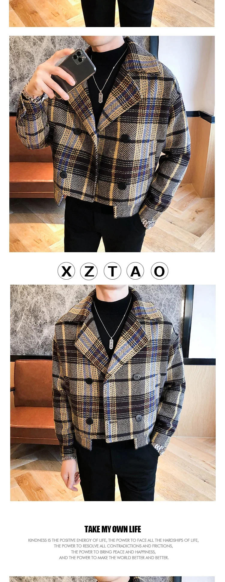 Description Picture 3 of itemWool Blend Trench Coat Hommes Veste Abrigo Largo Hombre Woolen Coat Men Short Erkek Mont Korean Slim Plaid Jacket Men Tweed Coat