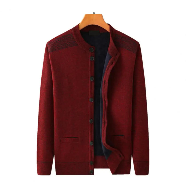 Description Picture 4 of itemCasual Velvet Coat Mid-aged Men's Thick Knitted Cardigan Coat with Pockets Warm Winter Jacket for Fall Single-breasted Round