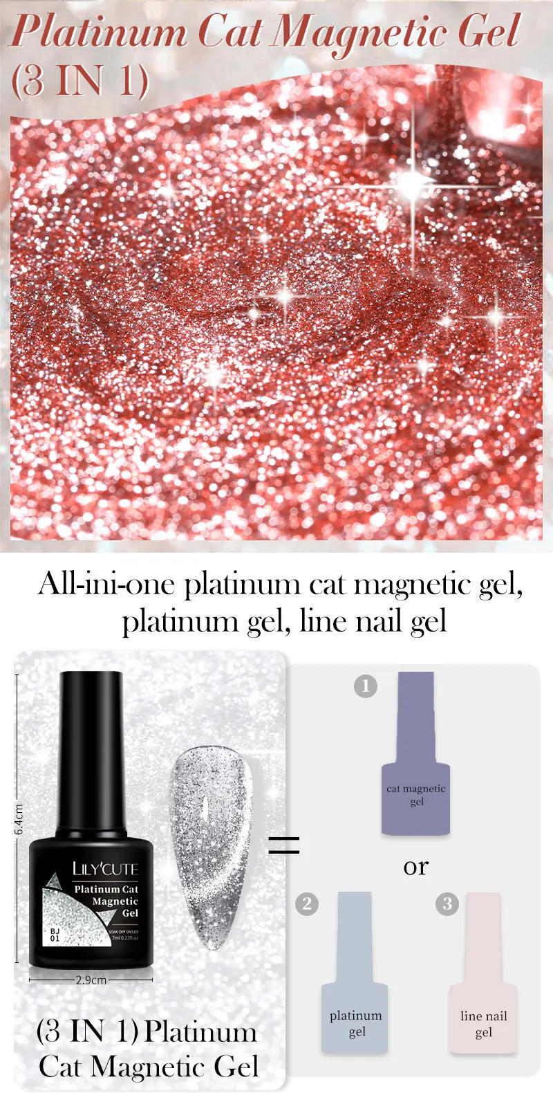 Description Picture 6 of itemLILYCUTE 7ML Rose Gold Foils Effect Platinum Cat Magnetic Gel Nail Polish Silver Moonlight for Fall Winter Manicure Nail Art Gel