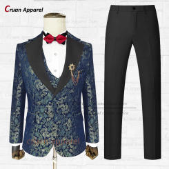 Navy Blue Jacquard Suit Sets For Men Birthday Party Luxury Tuxedos Evening Dinner Elegant Male Outfits (Blazer Vest Pants)