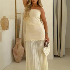 Chic Slim Spliced Ruffled Midi Skirt Set For Women Elegant Off Shoulder Open Back Strapless Top Suit 2025 New Lady Summer Outfit