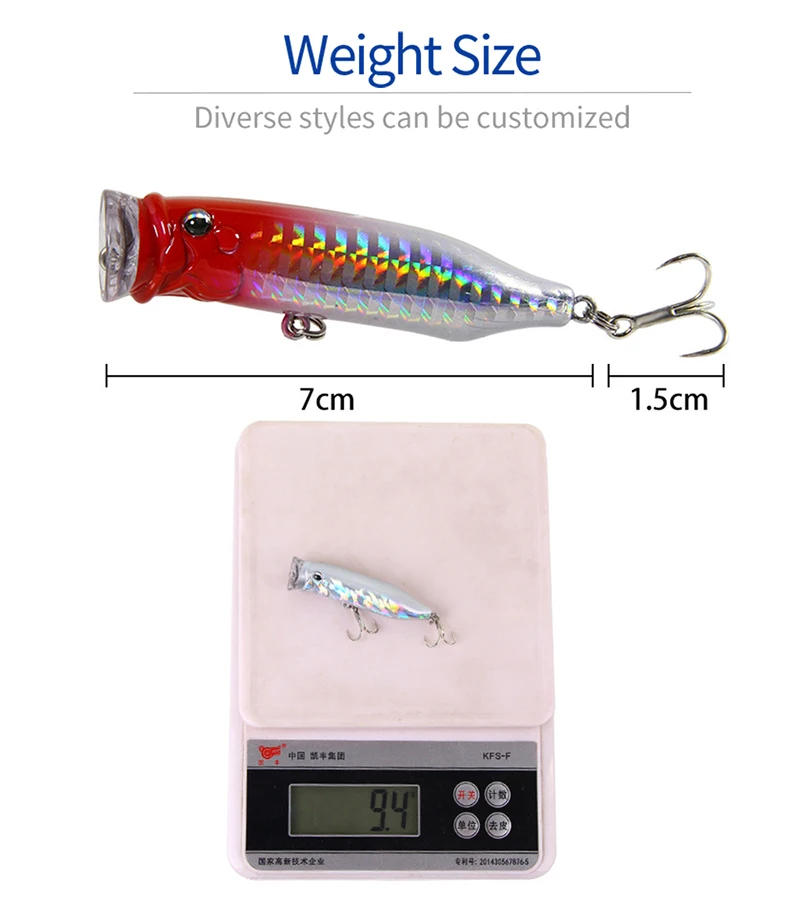 Description Picture 6 of item1Pcs Fishing Lures 7cm/9.4g Popper Bait 2024 New Topwater Plastic Artificial Hard Bait Crankbait Wobblers Perch Fishing Tackle