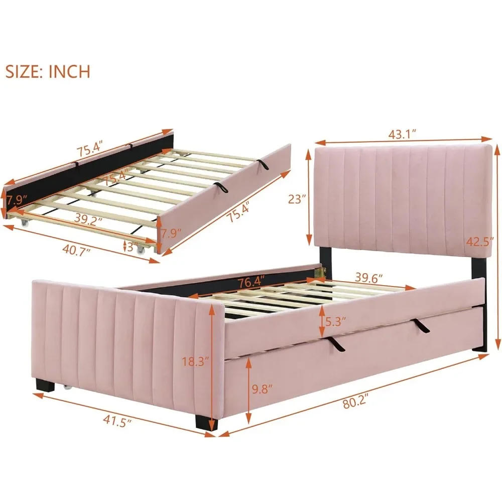 Description Picture 3 of itemBeds,Velvet Upholstered Platform, Wood Frame Trundle, Twin Size Bed, Pink