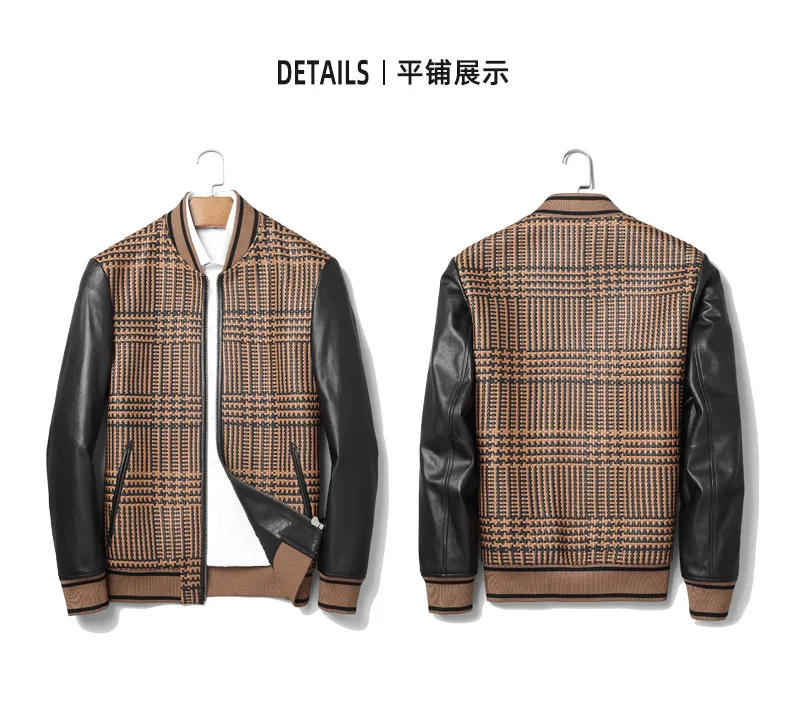 Description Picture 3 of itemHigh End Genuine Leather Jacket Men's Contrasting Woven Sheepskin Coat Winter New Fashion Trend Motorcycle Jackets for Men Fall