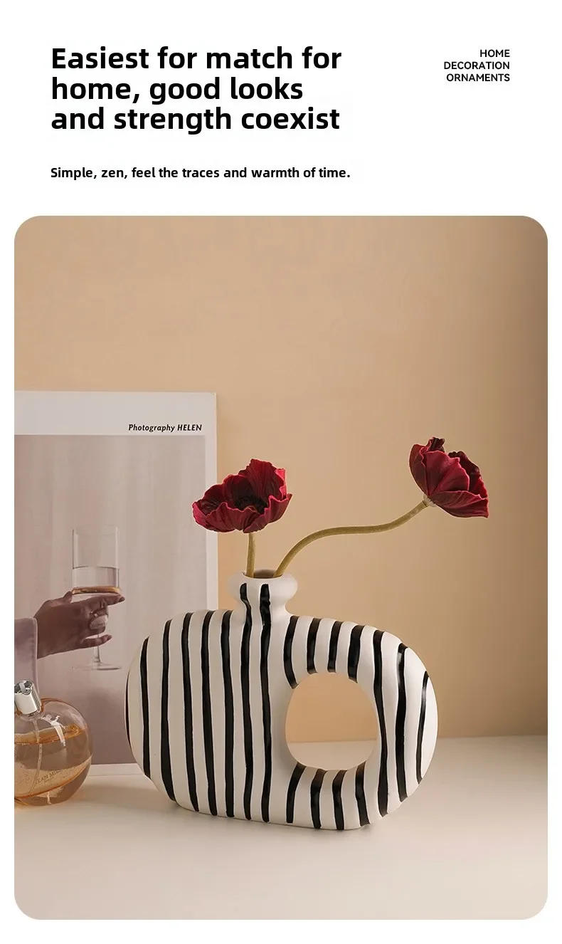 Description Picture 5 of itemStripes Ceramic Vase Desk Decoration Porcelain Hydroponics Utensils Artificial Flower Arrangement Floral Vases Room Aesthetic