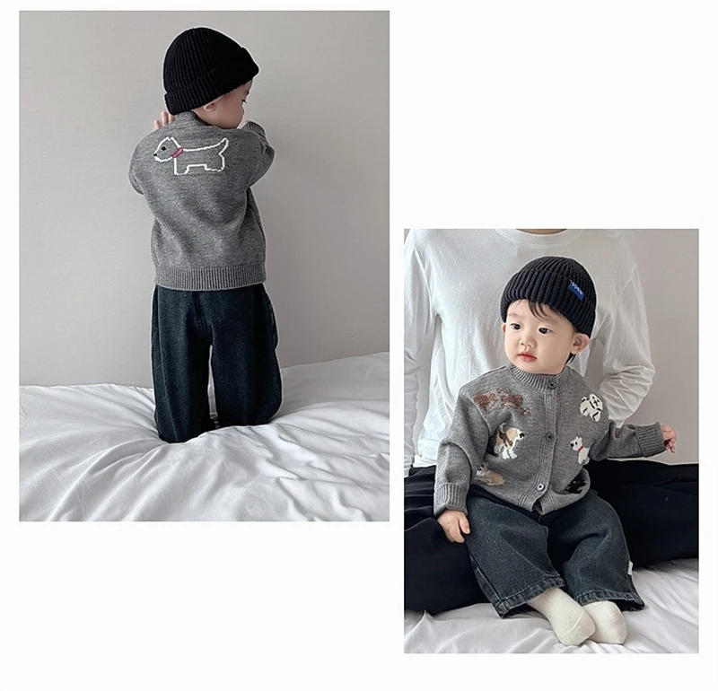 Description Picture 6 of itemChildren's Round Neck Sweaters Autumn New Dog Pattern Baby Clothings Japanese and Korean Grey Knitted Sweaters Cute Top Cardigan