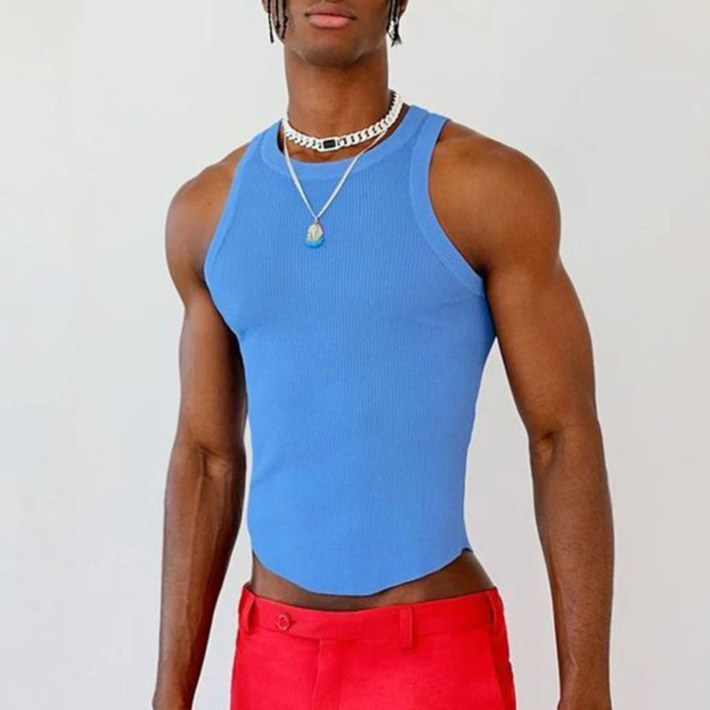 Description Picture 3 of itemBlue Polyester Men\\\'s Sleeveless Tank Top Solid Color O Neck Summer Casual Vest for Streetwear and Fitness in Blue