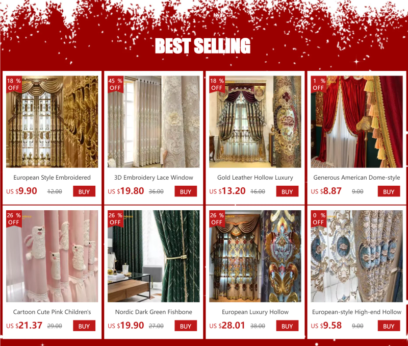 Description Picture 2 of itemGold Red Embroidered Window Screen Velvet Splicing Thickened Curtains for Living Room Bedroom French Balcony Villa Valance