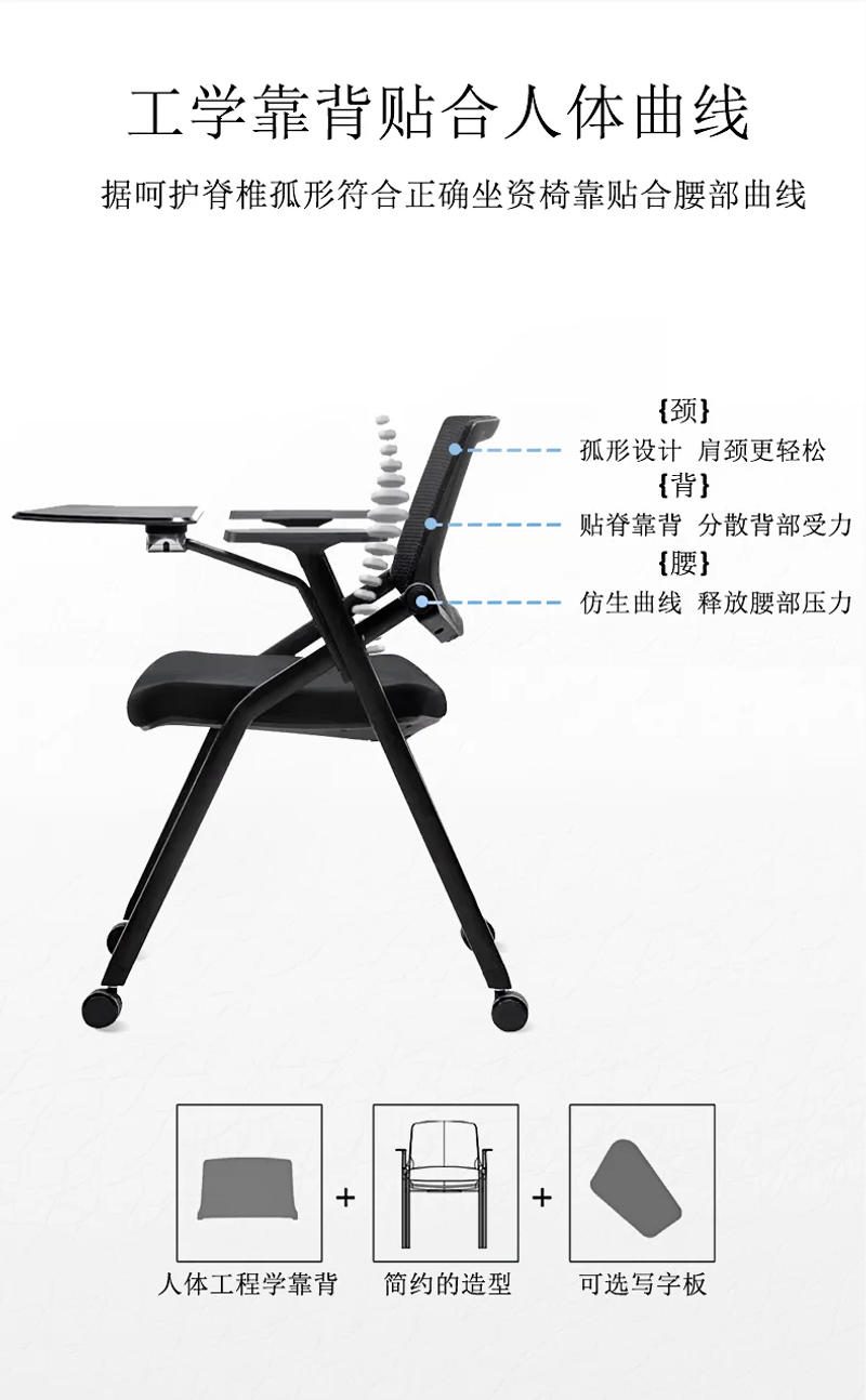Description Picture 4 of itemTraining Chair Clipboard Armrest Net Cloth Folding Belt Wheel Office Chair Meeting Room