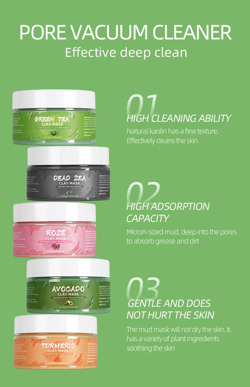 Description Picture 3 of itemTurmeric Green Tea Rose Avocado Facial Mask Clay Mud Masks Moisturizing Removal Blackhead Whitening Face Mask Mud Skin Care