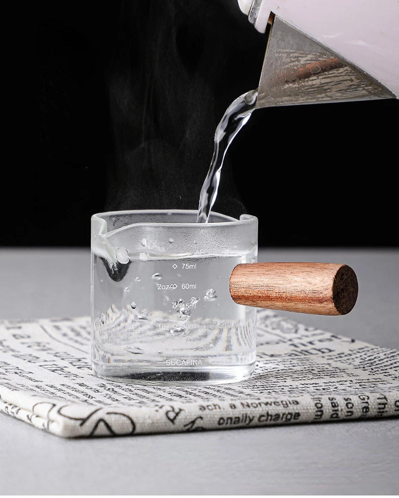 Description Picture 4 of item50/75/100ML Wooden Handle Glass Espresso Measuring Cup Double/Single Mouth Milk Latte Jug Coffee Supplies Kitchen Mug Drinkware