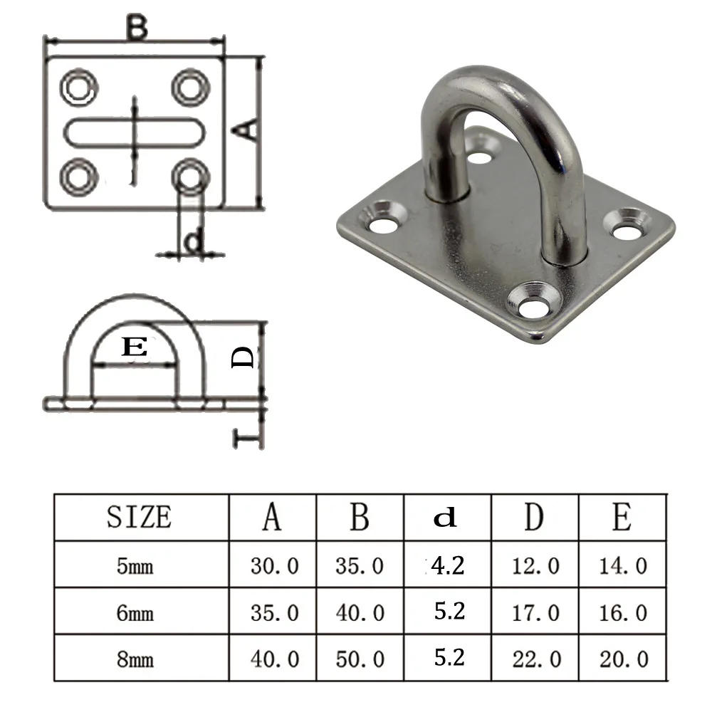 Description Picture 4 of item1pc 316 Stainless Steel Square Pad Eye Plate Hook 5mm/6mm/8mm Hanger Heavy Duty Ceiling Wall Boating Yacht Shade Sailing Marine