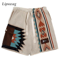 Vintage Geometric Embroidery Knit Shorts Men Summer Breathable Loose Shorts Streetwear Mens Stylish Drawstring Knitting Shorts